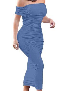 GOBLES Women Ruched Off Shoulder Bodycon Midi Cocktail Party Dress L